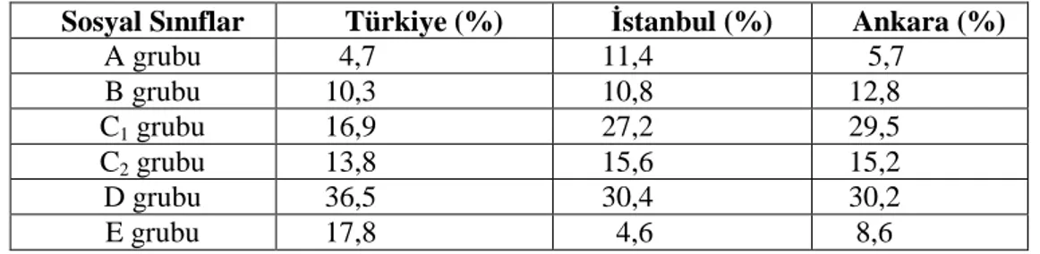 Çizelge 2.1.Türkiye ile Đstanbul ve Ankara Sosyo Ekonomik Statü Gruplarının Dağılımı 