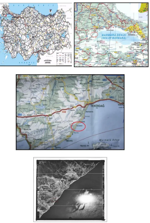 Şekil  4.1. Çalışma  alanının  Türkiye  ve  Marmara  Bölgesi  haritalarındaki  konumu  ve hava