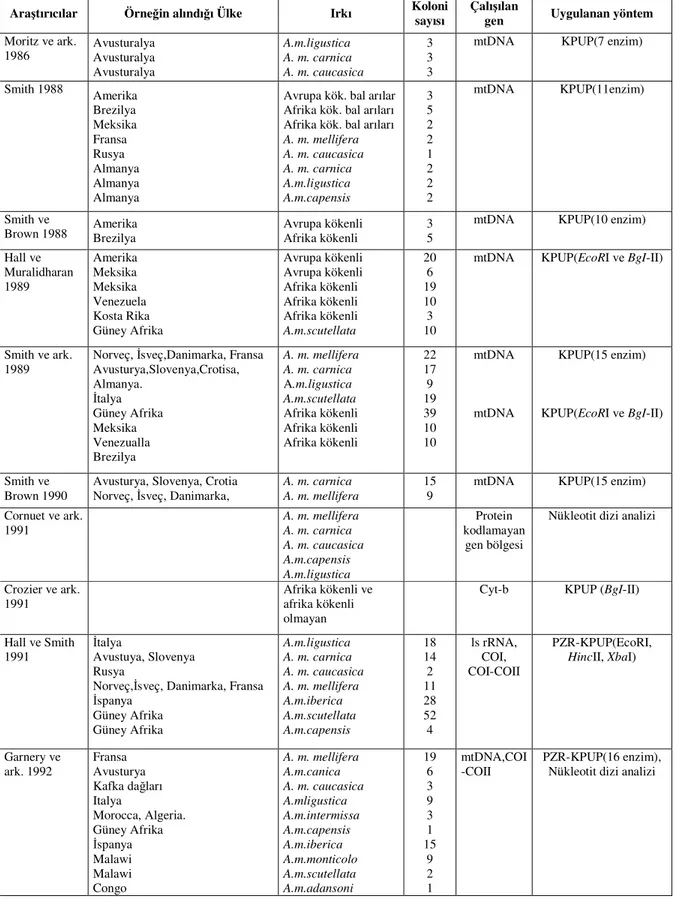 Çizelge  1.5.  Apis  mellifera  populasyonlarında  mtDNA  ve  PZR-KPUP  tekniklerine 