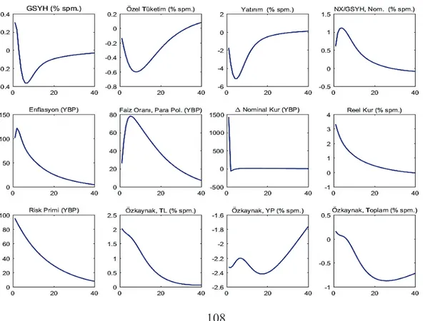 Şekil  3.2’de  gösterilen  ülke  risk  primi  şoku  yaklaşık  100  baz  puan  bir  etki  oluşturmakta olup en güçlü etkiyi nominal ve reel döviz kuru üzerinde göstermektedir