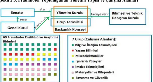 Şekil 2.3. Fraunhofer Topluluğunun Yönetim Yapısı ve Çalışma Alanları 