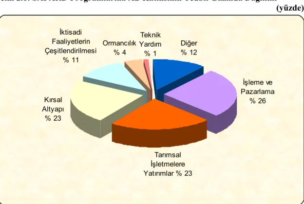 Şekil 2.1: SAPARD Programlarına AB Katkısının Tedbir Bazında Dağılımı                                      (yüzde)  İktisadi  Faaliyetlerin  Çeşitlendirilmesi % 11 Ormancılık% 4 Teknik  Yardım % 1 Diğer% 12 İşleme ve  Pazarlama  % 26 Tarımsal  İşletmelere 