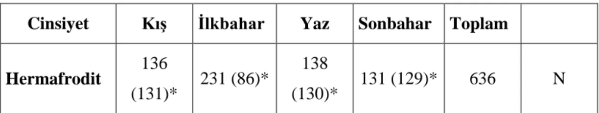 Çizelge 3.1 : Tüm bireylerin mevsimlere göre dağılımı, (N:birey sayısı) 