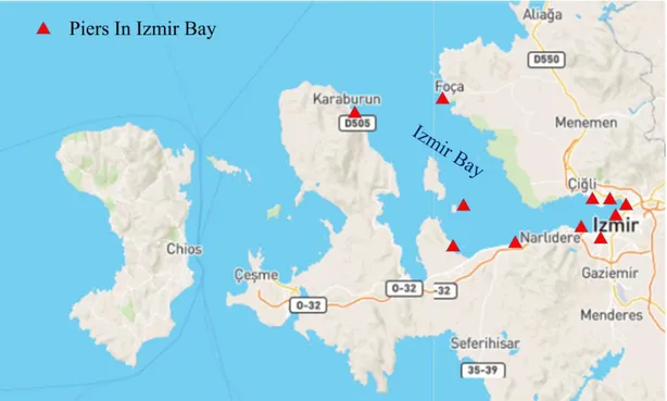 Figure  1.18  :  Presentation  of  the  Izmir  Bay  and  Points  of  Transportation  Piers,   (MarineTraffic)
