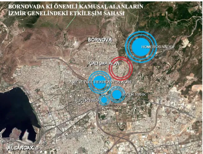 Figure 3.16 Research Area and Public Spaces in Bornova 