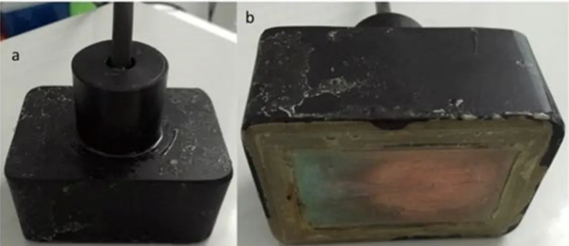 Figure 2.2: In front of custom made copper electrode (A) and the below of electrode  (B) the glass on the electrode surface as a dielectric material and copper   surface beneath of the glass were seemed