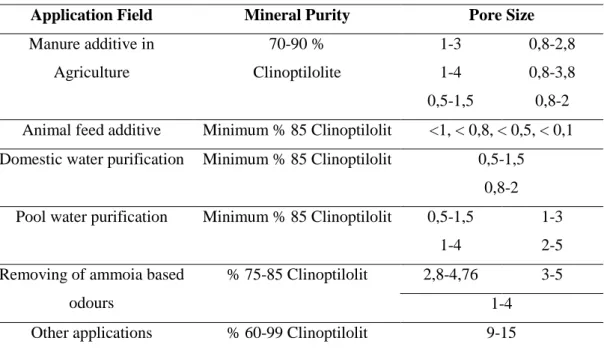 Table 1.6: Application field of natural zeolite minerals according to pore size 