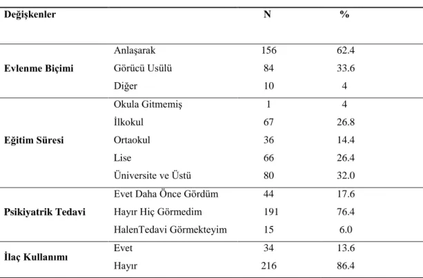 Tablo 4.1. Katılımcıların Sosyodemografik Özellikleri (n=250) 