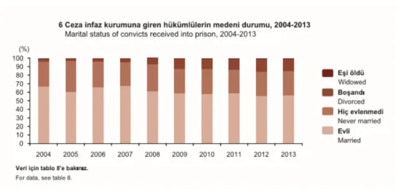 Grafik 5. Ceza İnfaz Kurumuna Giren Hükümlülerin Medeni Durumu Grafiği, 2004‐2013  Kaynak: TÜİK, Ceza İnfaz Kurumu İstatistikleri, 2013 ( http://www.tuik.gov.tr) 