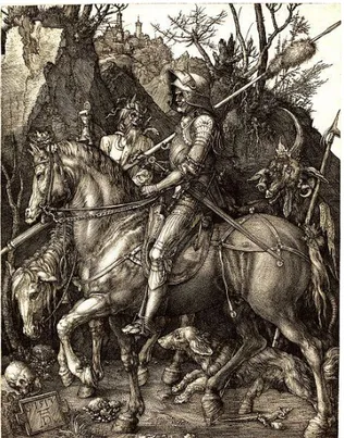 Tablo 4  Albrecht Dürer, ‘Şövalye, Ölüm ve Şeytan’, 1513, kaynak:  (portman 87. devinart.com)  (İzlenme tarihi: 25.09.2014) 
