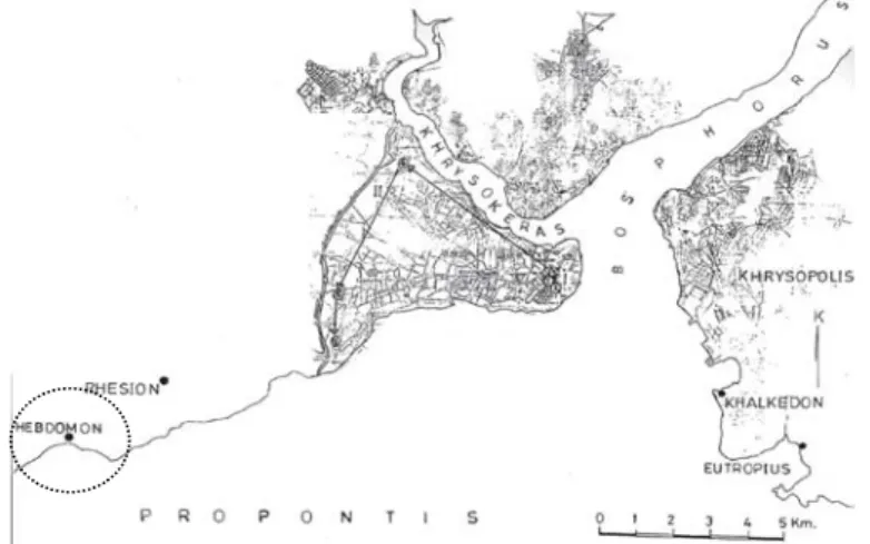 Şekil 3.1.Procopıus’ un gezi haritası’ nda İstanbul’un sur içi ve sur dışı bölgesinde yer  alan Hebdomon