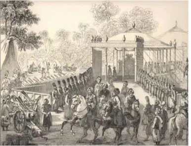 Şekil 3.7.1840 tarihli Jose Maria Jouaninn Seyahatnamesi’ nde yer alan bir gravürde  Davutpaşa Sahrasında kurulmuş olan Otağ-ı Hümayun