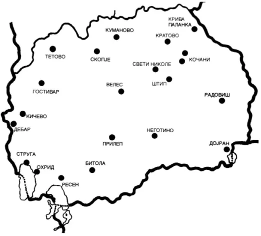 ġekil 2.24, Makedonya‟da Saat Kulelerin yer aldığı bölgeleri gösteren harita  (Çoloviç, 2008, s