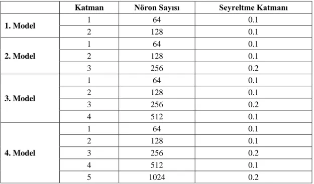 Tablo 3.1: DNN seçiminde oluşturulan modeller 