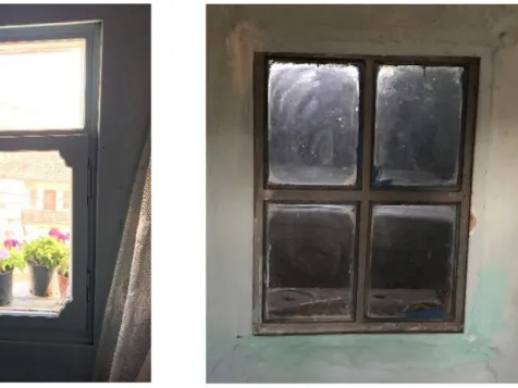 Şekil 4.21’de solda birden fazla yapıda kullanılmakta olan tepe camlı ve tek kanatlı  ahşap  pencerelerden  biri  verilmiştir