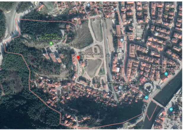 Şekil 1.:  Amasya Şamlar Mahallesi (Google Earth 16.03.2019)  2.2 Şamlar Mahallesi’nin Coğrafi Özellikleri 