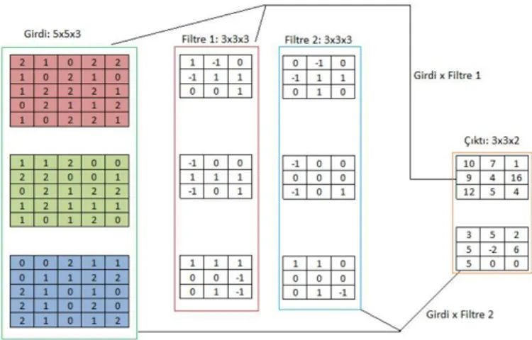 Şekil 3.4: Birden fazla filtre için konvolüsyon işlemin uygulanması ve çıktılar (aralık  = 1, dış boşluk = 0) 