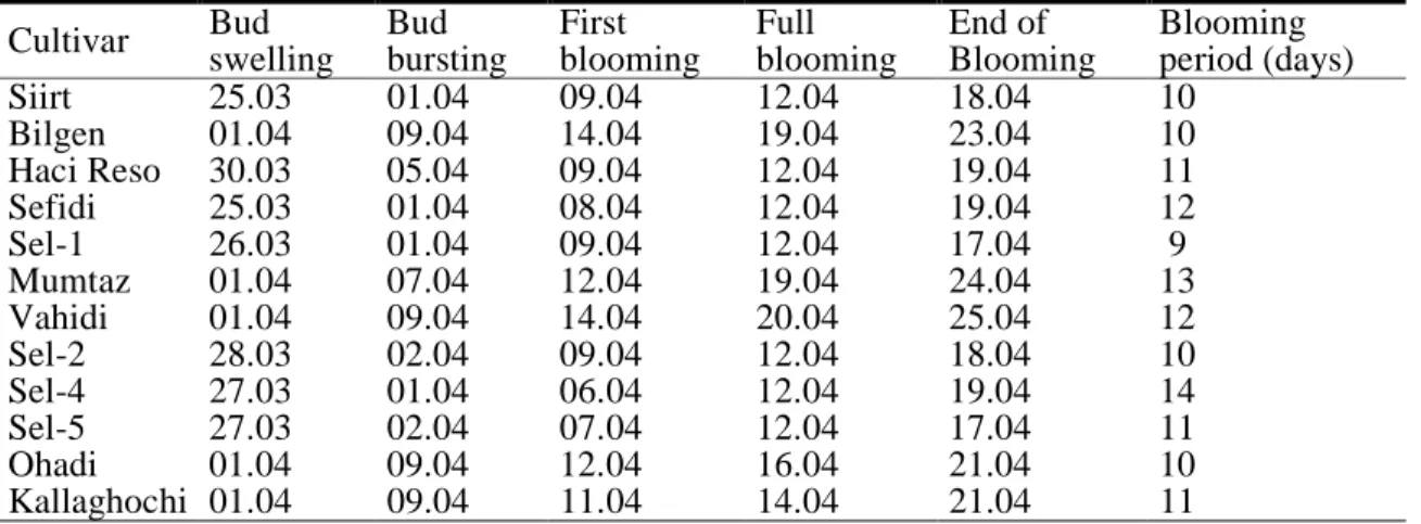 Table 3. Phenological observations on different pistachio cultivars in 2000 