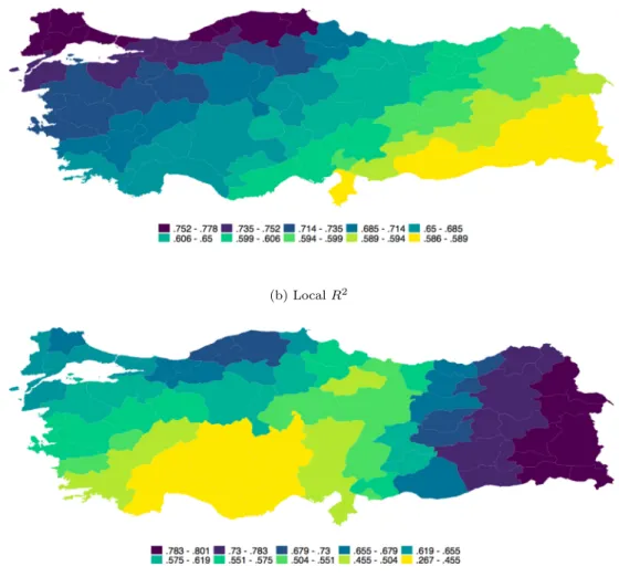 Figure 4a maps the surface of estimates for the local total effects of female illiteracy rates on infant mortality