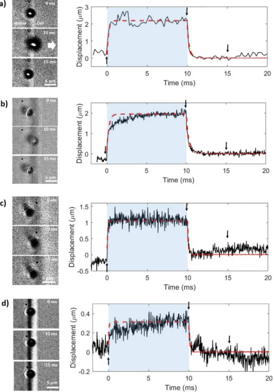 Fig. 2. Example indentation curves for four individual bubbles impacting gels with different stiffnesses