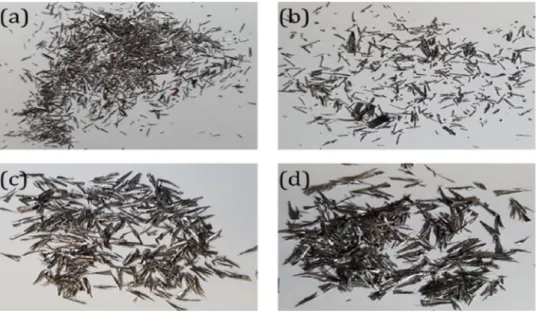 Fig. 15. Chip morphology of 48-2-2 g -TiAl; in orthogonal turning at (a) 0.08 mm feedrate, (b) 0.100 mm feedrate, and in ball-end milling at (c) 336 mm/min feedrate, (d) 480 mm/min feedrate.
