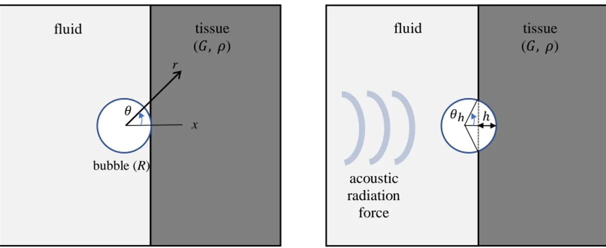 FIG. 1. (Color online) (a) A bubble with a radius of R moves in fluid and then (b) displaces 