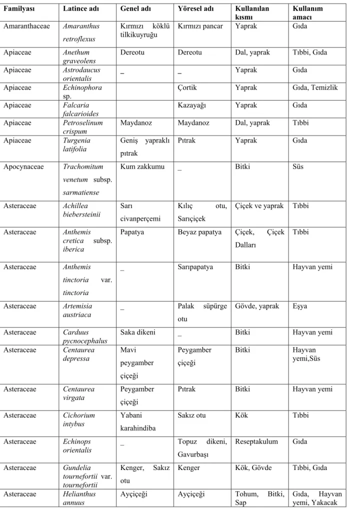 Tablo 6. 1. Üzümlü ’de yetişen bitkiler ve kullanım alanları 