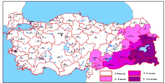 Şekil 1:  Türkiye’de, doğuma bağlı yoğun nüfus artışının olduğu bölgeler. 