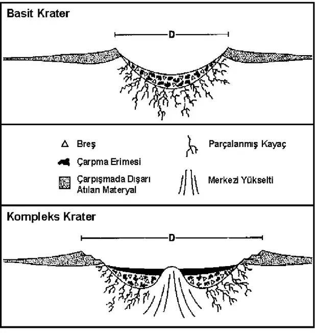 Şekil 1.2. Bir basit ve kompleks kraterin şematik diyagramı. Basit kraterin düzgünlüğü, çukurluğu ve  yukarı doğru olan profili kompleks kratere göre farklıdır