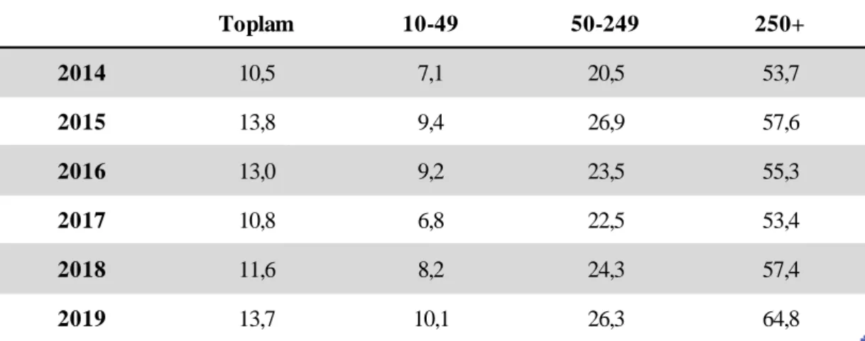 Tablo 3.6. Büyüklük Grubuna Göre Bilişim (ICT/IT) Uzmanı İstihdam Eden Girişimler, 2014-2019  (Kaynak: TÜİK, Girişimlerde Bilişim Teknolojileri Kullanım Araştırması) 