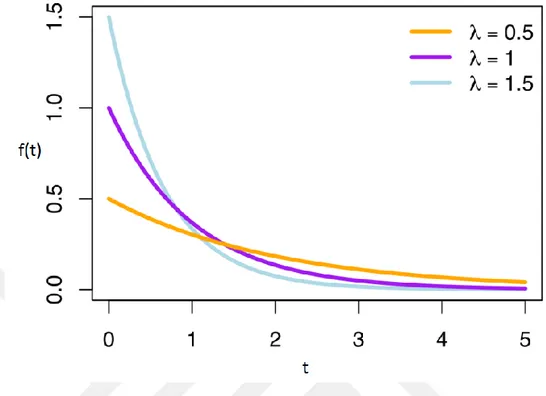 Şekil 2.1: Üstel arıza olasılık dağılımı, farklı lamda değerlerine göre olasılık  yoğunluk fonksiyonları 