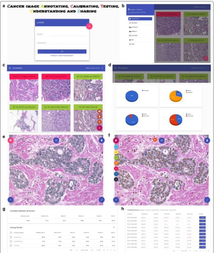 Fig. 1  a Login screen, b menu screen, c annotation screen, d annotation details screen, editor screens for annotation are shown in e before 