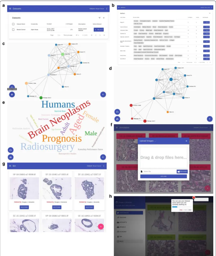 Fig. 2  a Datasets screen, b authors screen, network and word cloud screens for authors are shown in c co-author network, d communities in 