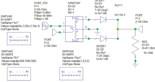 Figure 2.3: Schematic of Device Type 3, Full-Wave Rectifier Circuit, Designed Using National Instruments (NI) AWR Design Environment.