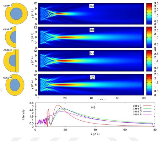 Figure 3. 9: Color mapping of field intensity as obtained by FDTD method  for various shapes of dielectric micro-cylinders