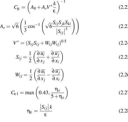 Çizelge 2.1: Standart k − ε modeline ait deneysel sabit de˘gerleri. Deneysel Sabit C µ σ k σ ε C ε 1 C ε 2 De˘ger 0.09 1.00 1.30 1.44 1.92 P = µ t  ∂ u i ∂ x j + ∂ u j∂ xi  ∂ u i∂ xj (2.21) Denklemlerde bulunan P terimi türbülans kinetik enerjisinin üret
