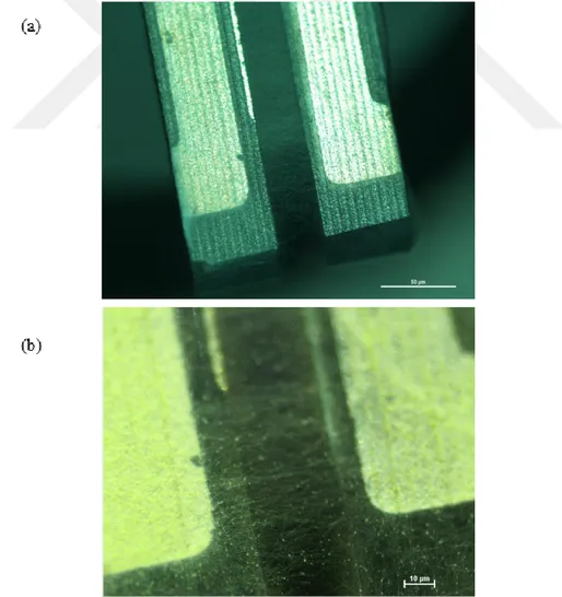 Şekil 2.3 : 5 s uygulama süresince nanofiber ile modifiye edilen kuvars ayar çatalına  ait (a) 5X, (b) 50X büyütmeli optik mikroskop görüntüleri