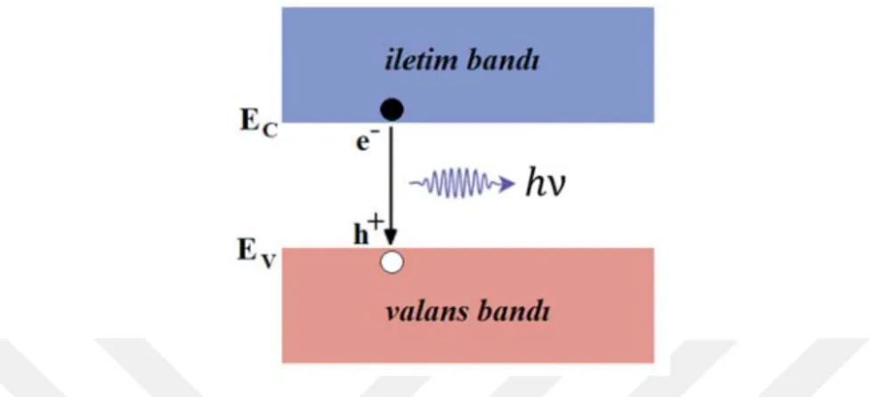 Şekil  2.5:  Radyasyon  rekombinasyonunun  şematize  edilmesi.  İletim  bandında  uyarılmış  haldeki  elektron  valans  bandına  indirgenirken  enerjisini  foton  olarak  yaymaktadır