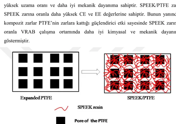 Şekil 2.15 : SPEEK/PTFE zarının hazırlanmasının şematik gösterimi (Wei, 2012).  Bir  başka  çalışmada  SPEEK  poliakrilonitril  (PAN)  ile  birlikte  asit-baz  harman  zarının  (SPEEK/PAN)  hazırlanmasında  kullanılmıştır  (Li,  2014)