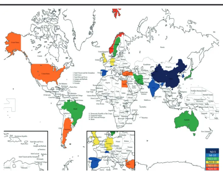 Figure 1. Distribution of GERD prevalence worldwide (12).