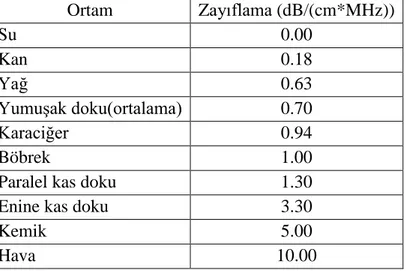 Çizelge 2.3 Farklı doku ve ortamlarda ultrason dalgasının zayıflama değerleri [25].  Ortam  Zayıflama (dB/(cm*MHz))  Su  0.00  Kan  0.18  Yağ  0.63  Yumuşak doku(ortalama)  0.70  Karaciğer  0.94  Böbrek  1.00 