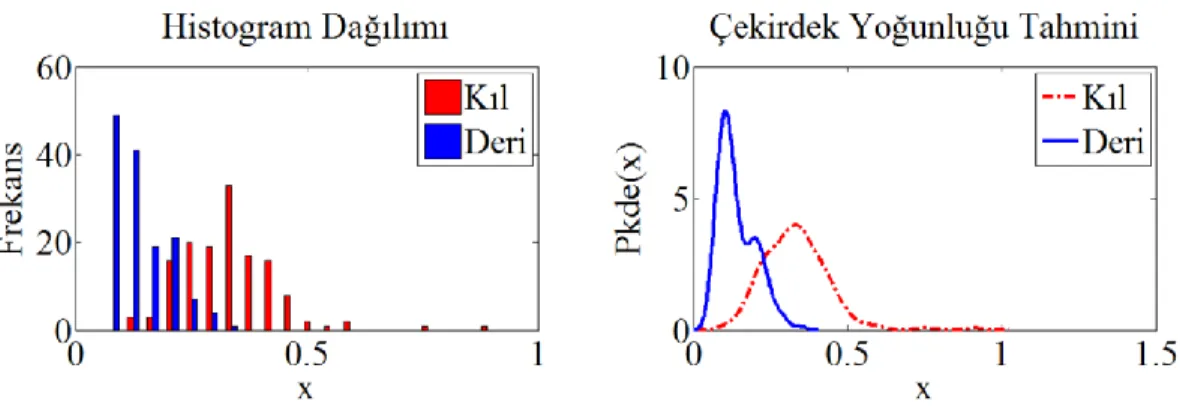 Şekil  4.6.  “Normalize  edilmiş  karşıtlık  değeri”  özniteliğinin  histogram  dağılımı  ve  çekirdek yoğunluğu tahmini 