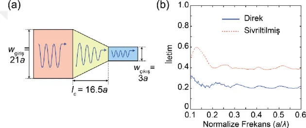 Şekil 3.2: (a) Doğrusal sivrileştirilmiş kuplaj bölgeli dalga kılavuzu kuplajının  şematik gösterimi (b) Direk ve doğrusal sivrileştirilmiş konik kuplörlerin kuplaj  verimlilikleri