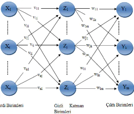 Şekil 5.10 : İki Katmanlı İleri Beslemeli Ağ Yapısı  ii.  Geri Beslemeli Yapay Sinir Ağları 