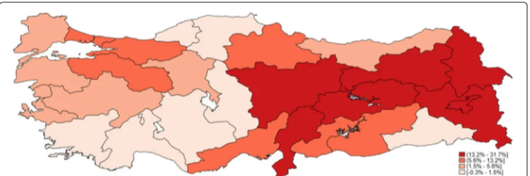 Fig. 7 Total decline in Armenian and Greek population shares between 1893 and 1935 by regions