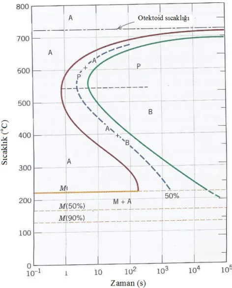 Şekil 2.8. Ötektoid demir-karbon alaşımının zaman sıcaklık dönüşüm diyagramı [9].  A:östenit, P:pörlit, B:beynit, M:martensit