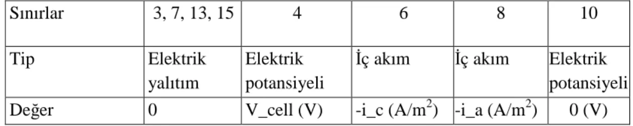 Tablo 3.4. Đletken alan Dc uygulaması modu (elektrot) için sınır koşulları  Sınırlar  3, 7, 13, 15  4  6  8  10  Tip  Elektrik  yalıtım  Elektrik  potansiyeli 