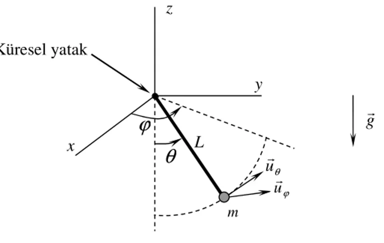 Şekil  2.15’de  verilen  küresel  sarkacın  dinamik  denklemlerini  Hamilton  prensibini  uygulayarak  elde  edelim
