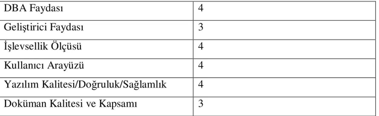 Çizelge 4.4’de DBAConnect 1.0 sürümü için bir puanlama tablosu verilmiştir. 