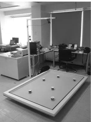 Şekil 3.1.Arena, robotlar, tepe kamerası ve masaüstü bilgisayardan oluşan deney  düzeneği 